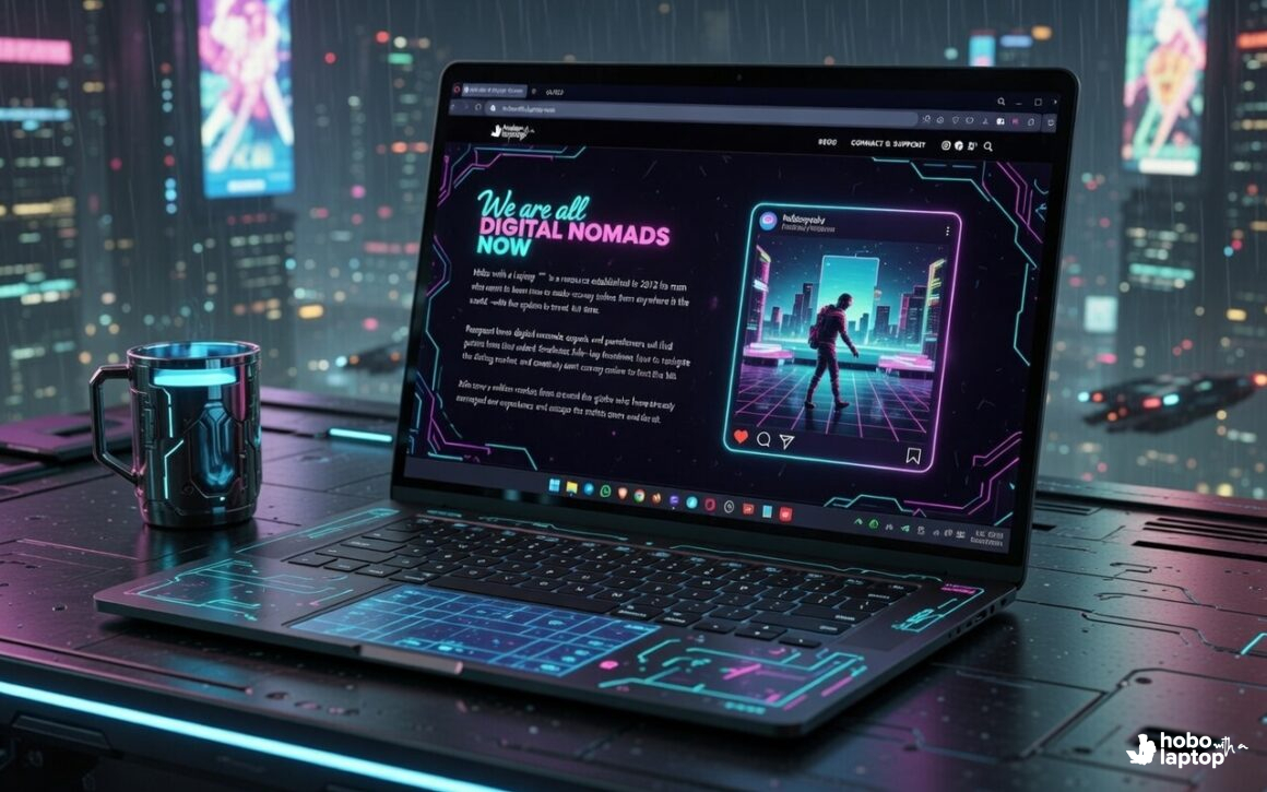 Digital nomad and girlfriend working on a laptop in a neon-lit futuristic cityscape.