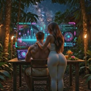 Digital nomad and girlfriend working on laptops in lush jungle setting at night.