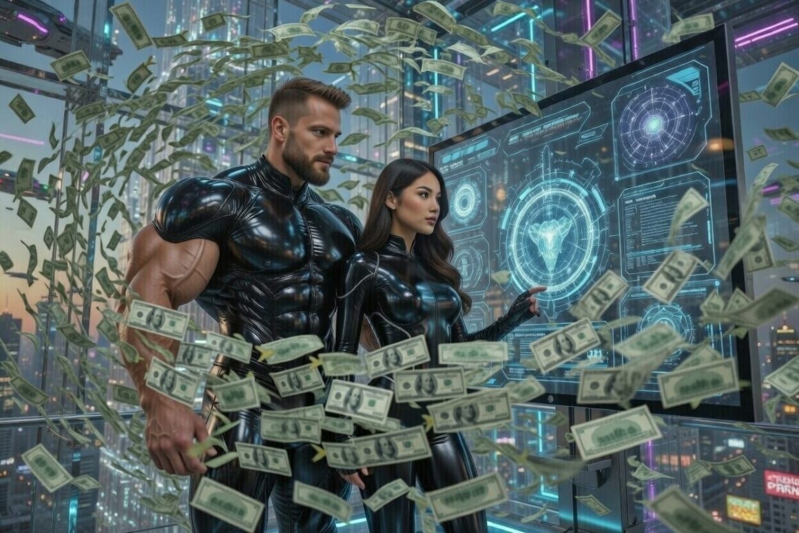 Digital nomad and Filipina girlfriend with futuristic screens and flying money in a high-tech settin.