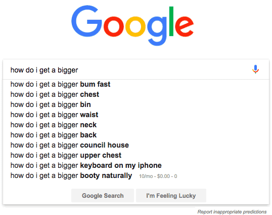 A Google.com screenshot "how do I get a bigger.." followed by autocomplete suggestions
